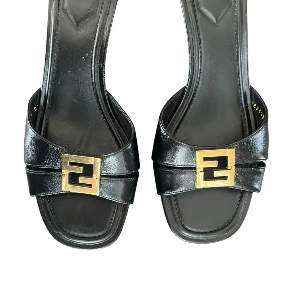 Fendi Women’s Ffold Square Toe Black Leather Gold Hardware Kitten Heel Sandals - Picture 5 of 13